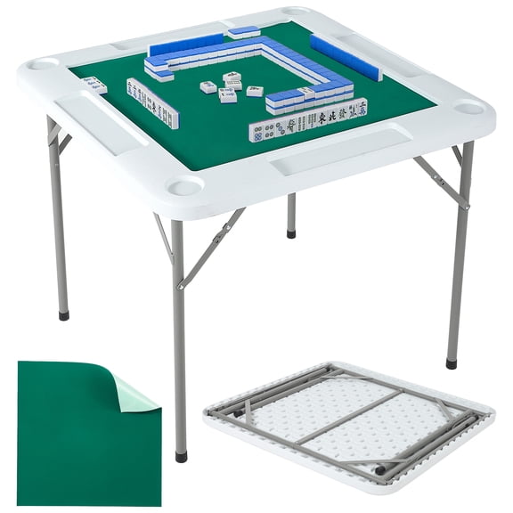 35" Folding Mahjong Table for 4 Players, Portable Square Game Table with Green Nylon Surface, Cup Holders, and Chip Trays for Mahjong, Poker, Dominoes, Puzzles, and Game Room Use
