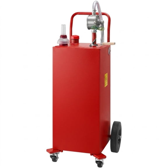 35 Gallon Fuel Caddy, Portable Gas Storage Tank on 4 Wheels with Manual Transfer Pump, Red Gasoline & Diesel Container for Cars, Boats, and ATVs
