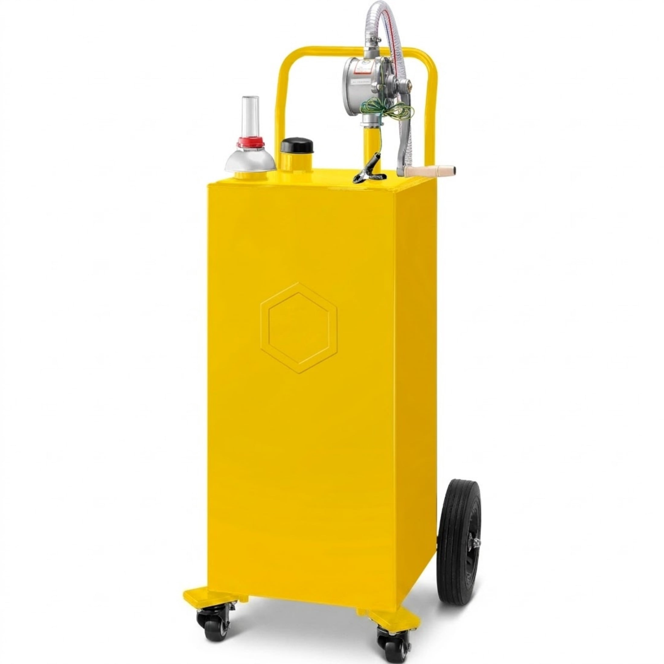 35 Gallon Fuel Caddy, Portable Gas Storage Tank on 4 Wheels with Manual Transfer Pump, Yellow Gasoline & Diesel Container
