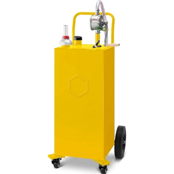 35 Gallon Fuel Caddy, Portable Gas Storage Tank on 4 Wheels with Manual Transfer Pump, Yellow Gasoline & Diesel Container