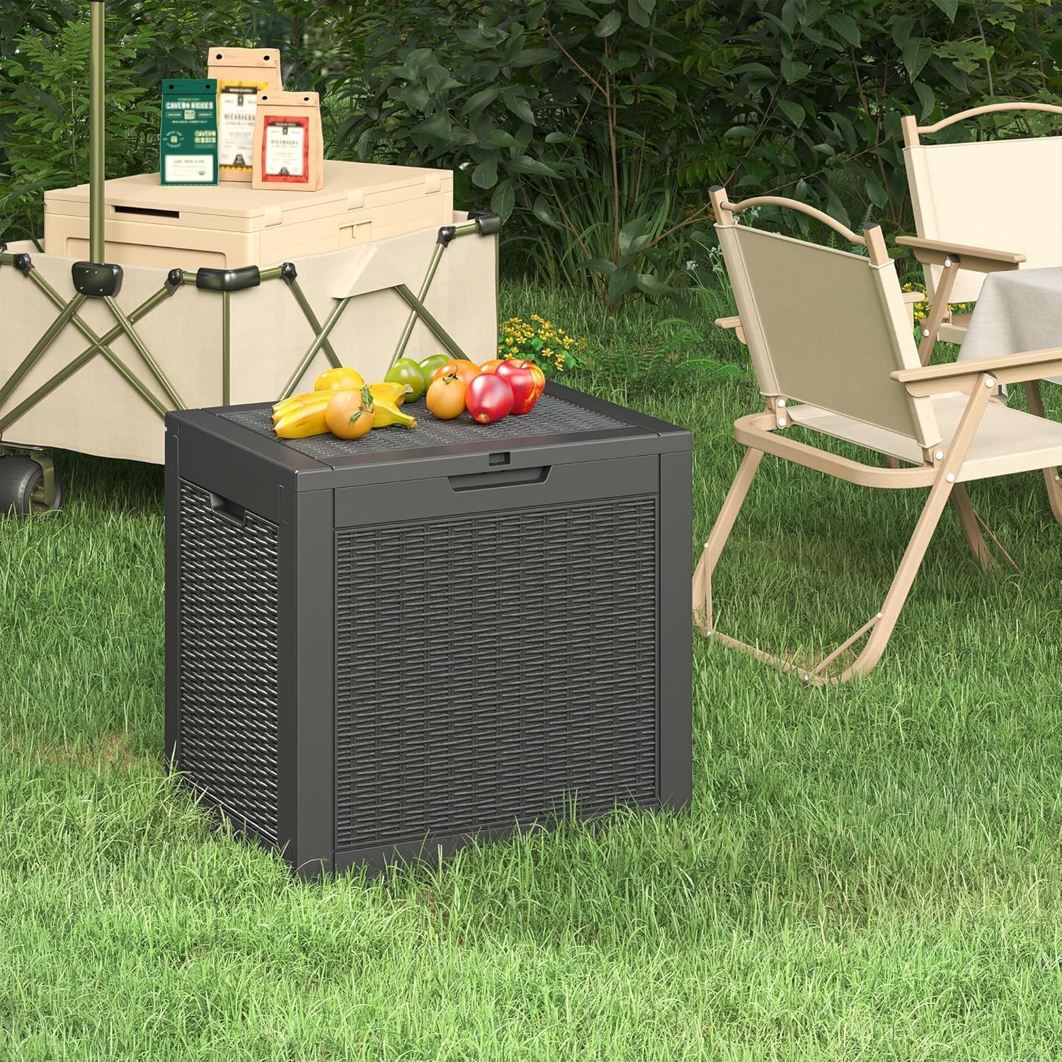 Dolonm 80 Gallon Deck Box, Outdoor Storage Box, Polypropylene Resin,Waterproof Resin Storage Bin With Lockable Lid - Light Coffee Color