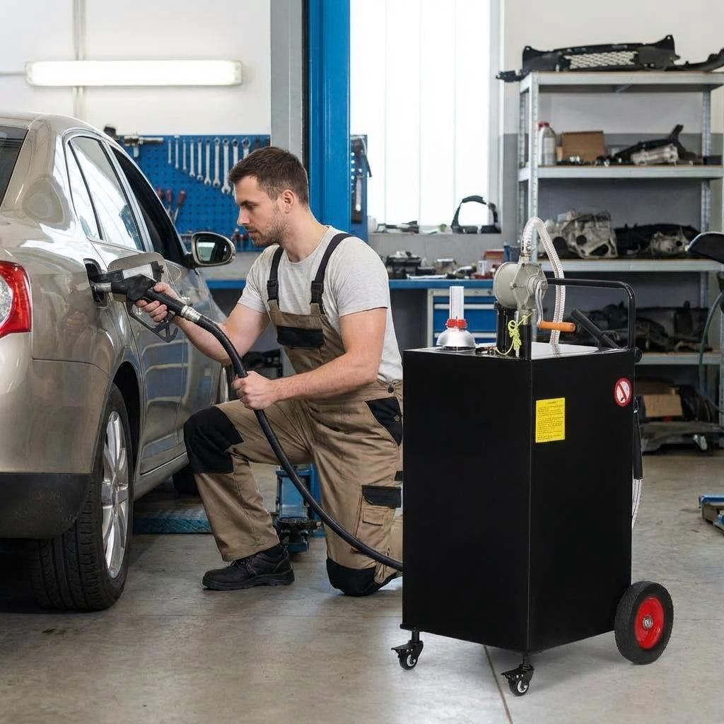 35-Gallon Portable Fuel Tank with Manual Transfer Pump, 4-Wheel Cart for Cars, Trucks, Boats & Outdoor Equipment, Black