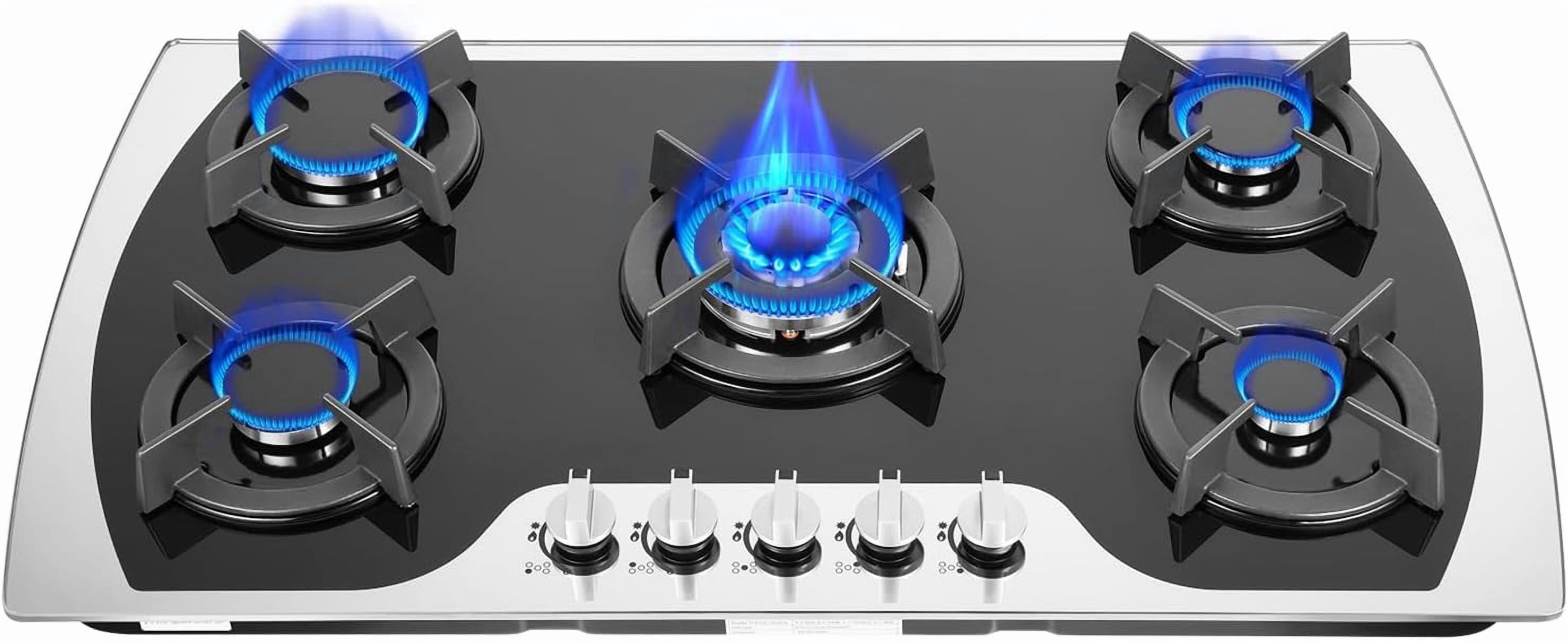 35" Gas Cooktop, Stainless Steel Built-in Gas Stove 5 Burners with Independent Switch Control, NG/LPG Convertible Gas Cooktop,Thermocouple Protection