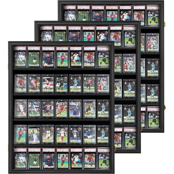 35 Graded Sports Card Display Case -3pc- Baseball Card Display Frame with UV Protection Clear View Lockable Wall Cabinet for Basketball Collectible Trading Card Black Vertical