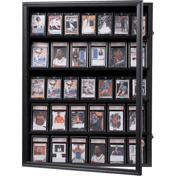KCRasan 35-Card Lockable Trading Card Display Frame, UV Acrylic, Wall Mount for Sports