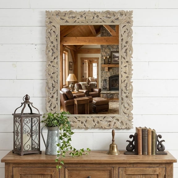 35" Gray Floral Carved Solid Wood Framed Accent Mirror