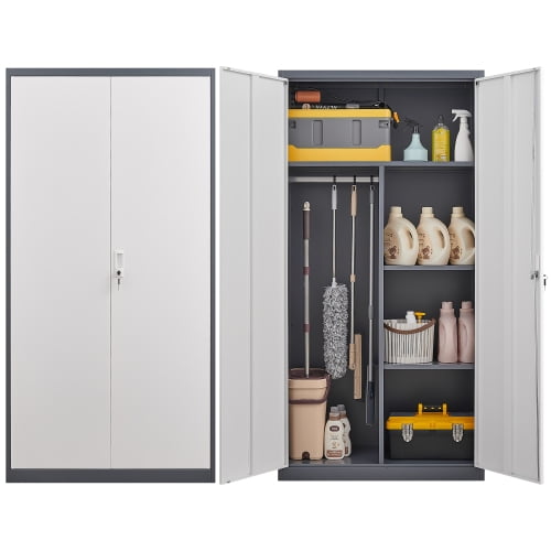 35 in Gray Metal Large-Capacity Wardrobe with Hanging Rod and Compartments, Lockable Closet with Locks & Keys, Steel Construction, Waterproof & Fireproof