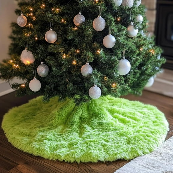 35" Green Plush Christmas Tree Skirt, Fluffy Faux Fur Xmas Tree Skirt Mat, Soft Furry Tree Base Cover for Artificial Christmas Trees, Holiday Party Indoor Home Decorations