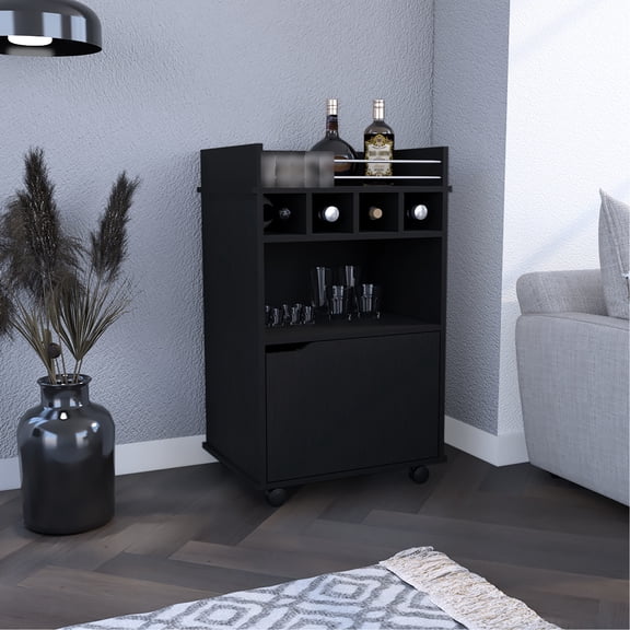 35" H Bar Cart With Black Hue, Two Shelves, Four Wine And One Cabinet. 35"h X 21.6"w 16.3"d Compact Configuration. Laminated Particle Board Utilized. 4 Bottles Compartments. 6 Shelves. Wheels. 1