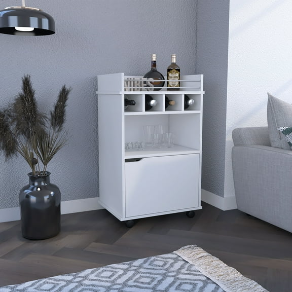 35" H Cart with Two Shelves, Four Wine Cubbies, and One Cabinet, White