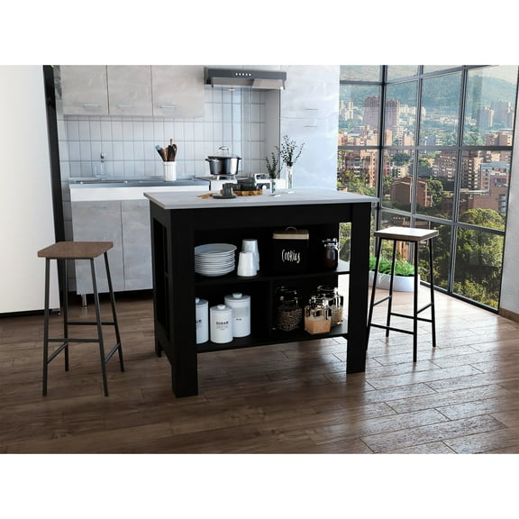 35" H Kitchen Island - Black/ Marble, 3 Shelves For Colanders, Spacious Legroom, Wide Meal Prep Space, Easy To Assemble With Three Open Storage H, Leg Room, Top Surface