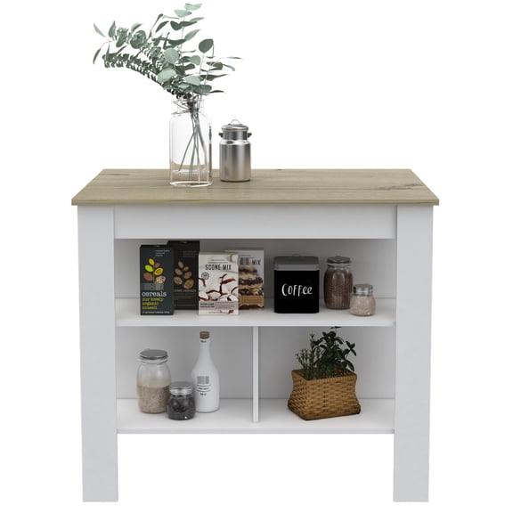 35" H Kitchen Island With Storage, White/ Oak Finish, Broad Top For Meal Prep. Fits Various Layouts Table High, 3 Shelf Storage Units Slides, 4 Legs, Oak. Spacious Food Preparation. Different