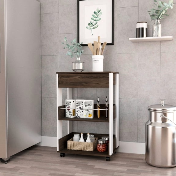 35" H Modern Kitchen Cart, Four , Three Shelves, White / Dark Walnut, Cart H, 4 3 22.55" W, 15.8" D, 39.61 Lb, Quality Emphasized