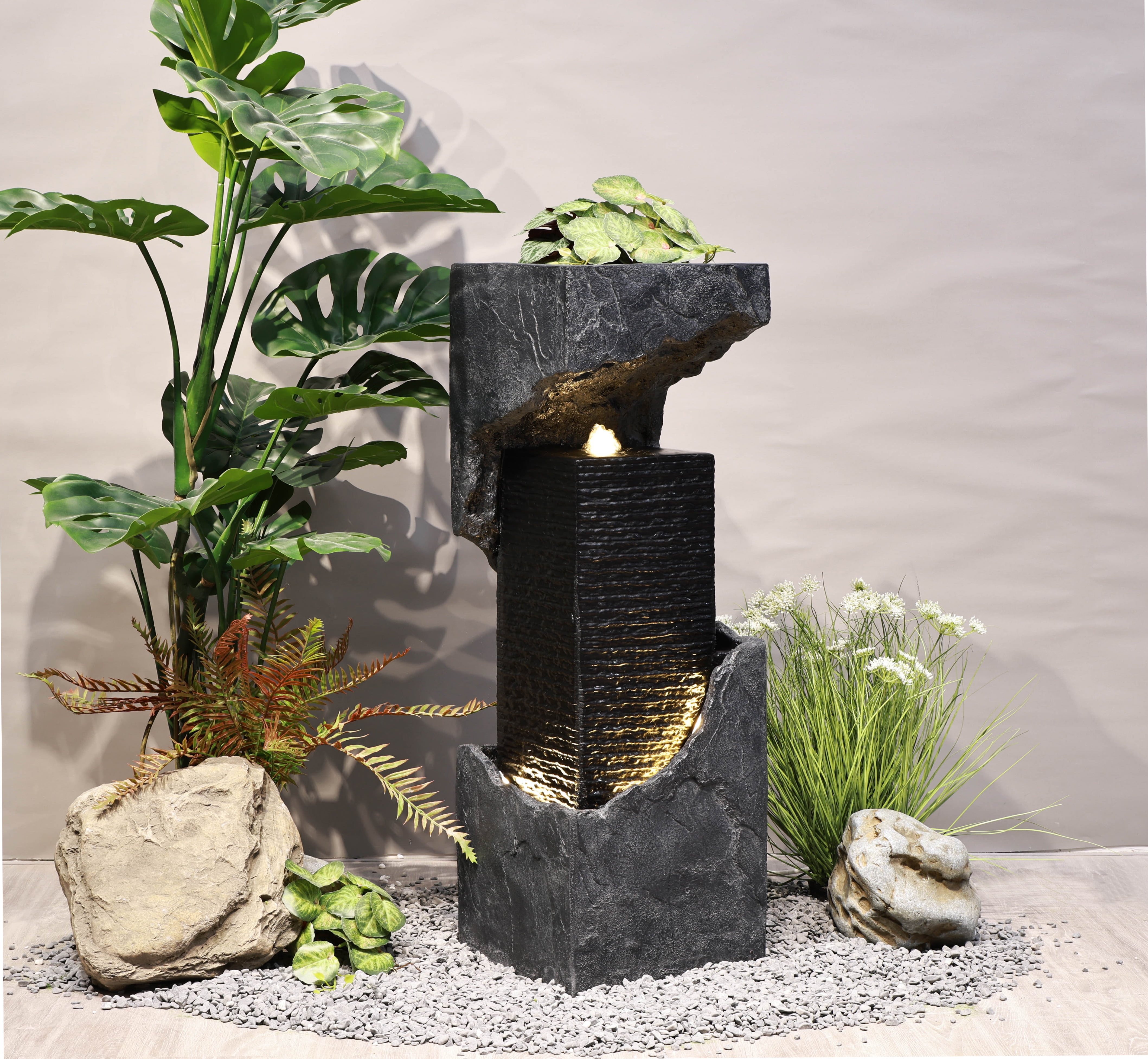 35" Black and Gray Outdoor Waterfall Fountain with LED Lights