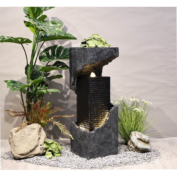 35" H Outdoor Waterfall Fountain with Warm White LEDS