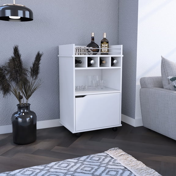 35" H White Bar Cart with Multiple Storage Areas | Suitable for Small Home Bars and Gatherings | Crafted from Pine and Particle Board | Solves the Difficulty of Keeping Items Organized