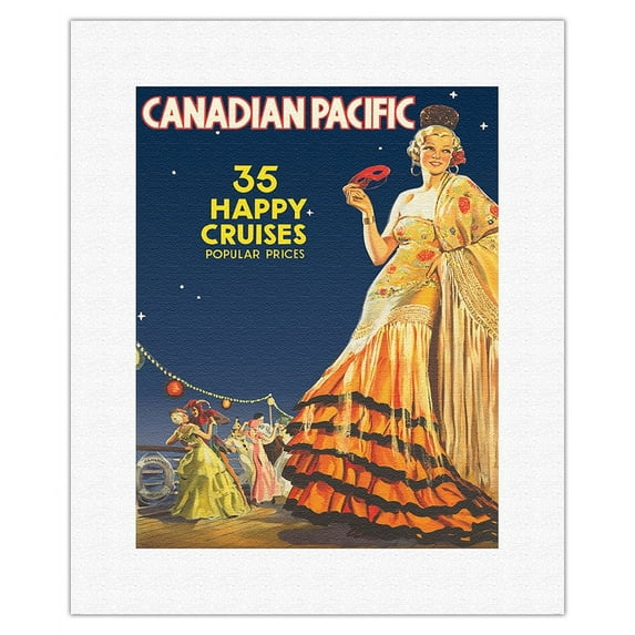 35 Happy Cruises - Canadian Pacific - Vintage Ocean Liner Travel Poster by Fred W. Purvis c.1935 - Fine Art Rolled Canvas Print 11in x 14in