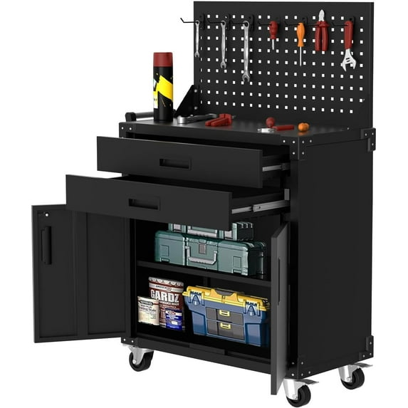 35" Heavy-Duty Steel Rolling Tool Cabinet with Locking Casters, 2 Deep Drawers, Adjustable Shelves, Built-in Pegboard, Garage, Workshop Warehouse Storage Organization