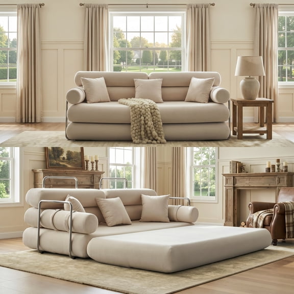 35" High Back Convertible Sleeper Sofa, Folding Floor Couch Bed with Rounded Armrests, All-Foam Lounge Sofa for Living Room, Apartment, Dorm
