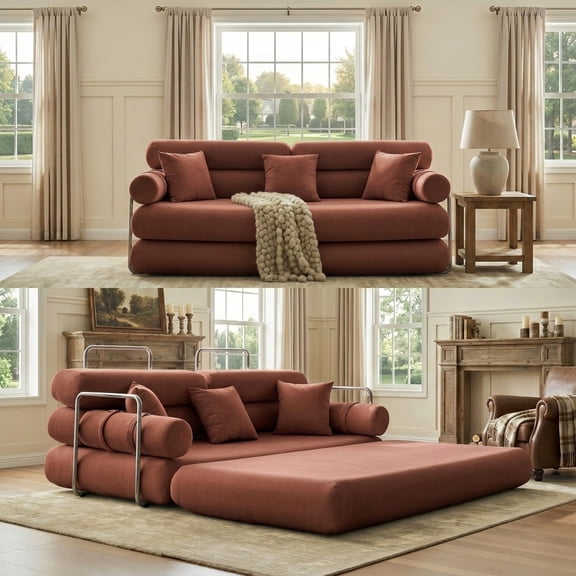 35" High Back Folding Sleeper Sofa, Convertible Floor Couch Bed with Rounded Arm Supports, All-Foam Lounge Sofa for Living Room, Office, Dorm