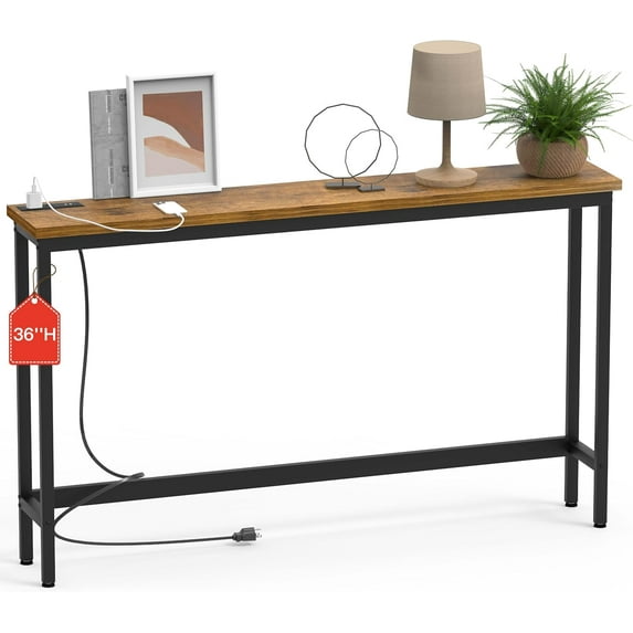 35'' High Behind Couch Table, Narrow Console Table with Outlet, Sofa Table for Entryway Hallway, Living Room, Brown