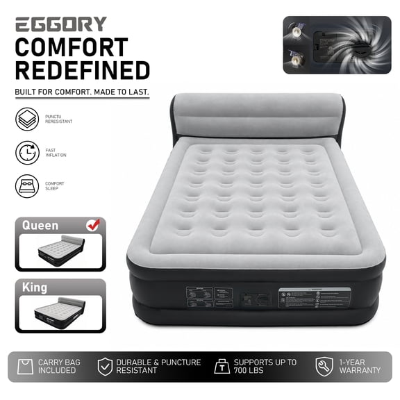 EGGORY 34" Queen Size Air Mattress with Headboard,Deluxe Raised Air Bed with Built-in Pump for Camping & Trip & Home