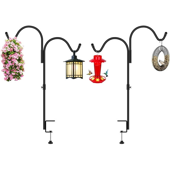 35 Inch 2 Pack Double Deck Hook for Railing, Deck Bird Feeder Pole with 3 Inch Strengthened Clamp for Hanging Bird Feeders, Lanterns, Wind Chimes, Flower and Plant Baskets