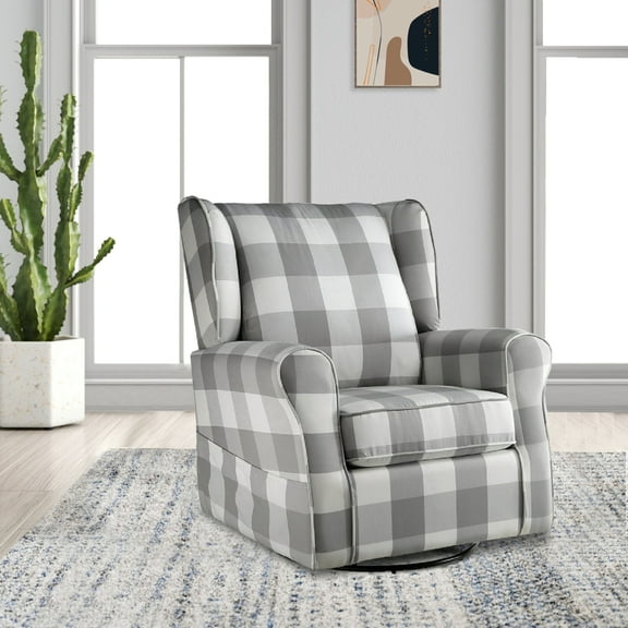 35 Inch Accent Swivel Chair Glider Checkered Fabric Light Gray