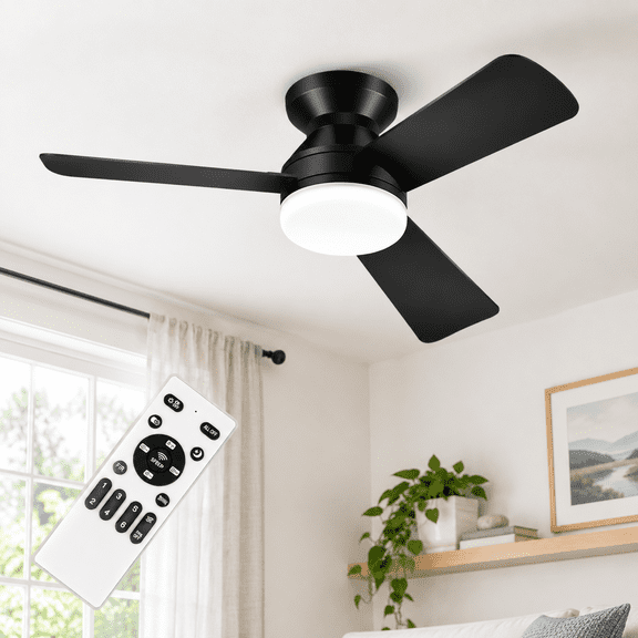 35 Inch Black Flush Mount Ceiling Fan with Lights and Remote