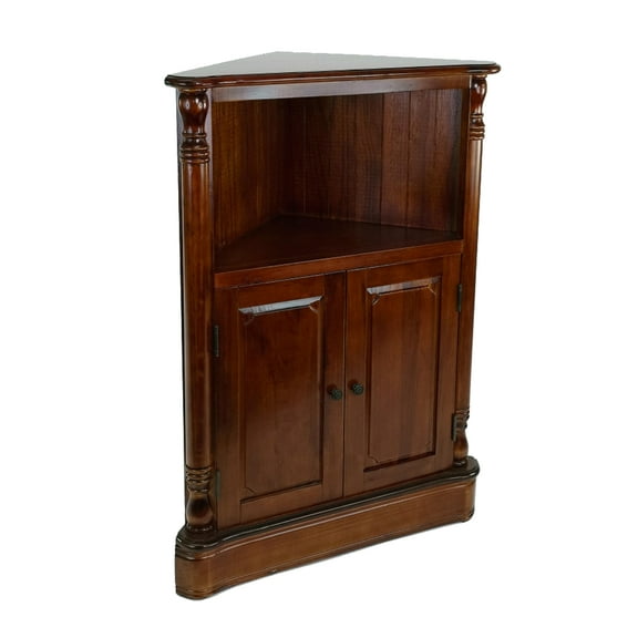 35 Inch Classic Wood Corner Cabinet, Open Shelf, 2 Door Cabinet, Brown- Saltoro Sherpi- Saltoro Sherpi