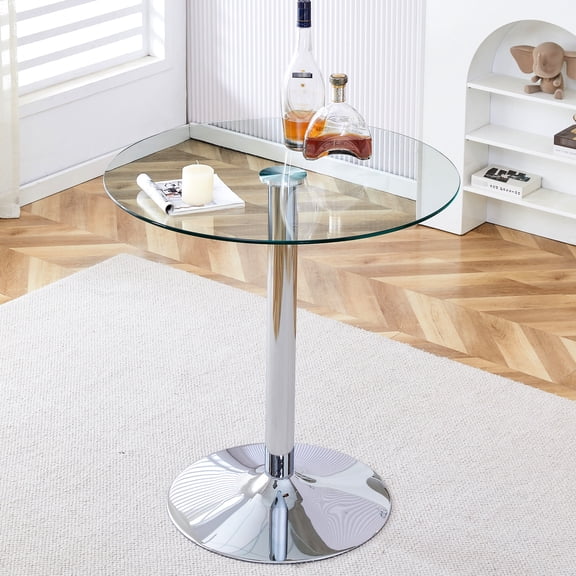 35 Inch Diameter Glass Tabletop With Electroplated Silver Metal Legs, Modern Minimalist Dining Table For Diverse Fascinations Inquiries