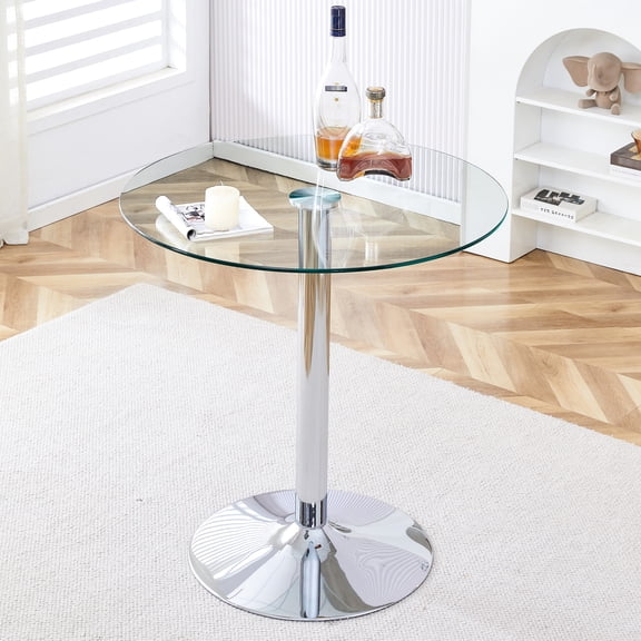 35 Inch Diameter Glass Tabletop With Electroplated Silver Metal Legs, Modern Minimalist Dining Table For Diverse Inquiries Adventures