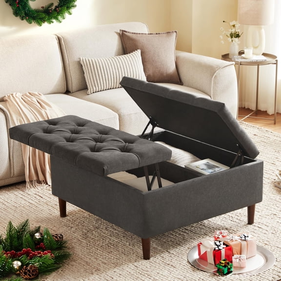 35 Inch Extra Large Storage Ottoman Coffee Table, No Assembly Required, Oversized Square Ottoman with Storage, Tufted Upholstered Ottomans Coffee Table for Living Room (Fabric, Dark Grey)