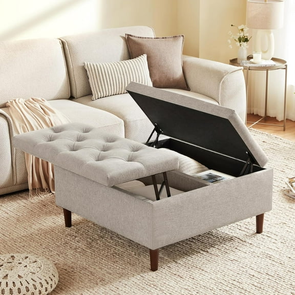 35 Inch Extra Large Storage Ottoman Coffee Table, Oversized Square Ottoman with Storage, Tufted Upholstered Ottomans Coffee Tables for Living Room (Fabric, Light Grey)