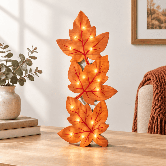 35 Inch Fall Porch Decor Wood Lighted Maple Leaf Standing Sign
