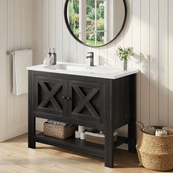 4 EVER WINNER 36" Bathroom Vanity with Sink, Dark Oak Farmhouse Storage Cabinet with X-shaped Barn Door, Ceramic Sink Top, Open Shelf, Modern Vanity for Bathroom & Laundry Room