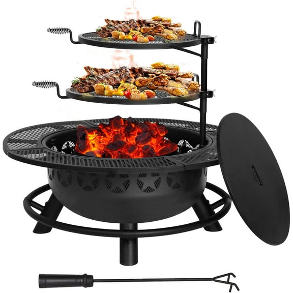 35 Inch Fire Pit with 2 Cooking Grate & Charcoal Pan, Outdoor Wood Burning BBQ Grill Firepit Bowl with Cover Lid, Steel Round Table for Backyard Bonfire Patio Picnic