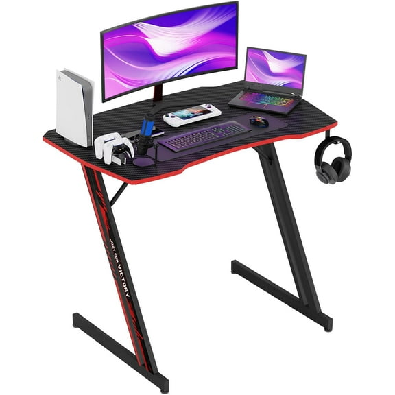 35 Inch Gaming Desk Z-Shaped Computer Desk Ergonomic Home Office Desk PC Workstation Modern Simple Study Table w/Headphone Hook Adjustable Leveling Foot Spacious Desktop,35’’x21’’(Blue)