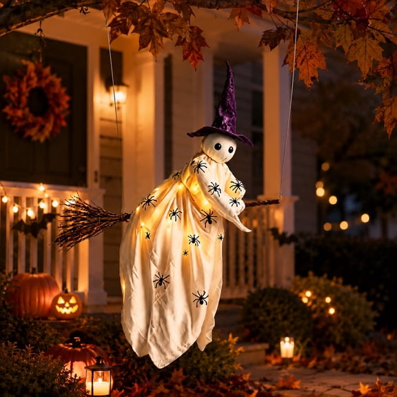 35 Inch Halloween Flying Witch Ghost on Broom, Halloween Decor Non-Woven Witch Hat Broom Ornament, Hanging Ghost Halloween Decorations Outdoor for Porch Yard Tree, Light Up Flying Ghost on Broomstick