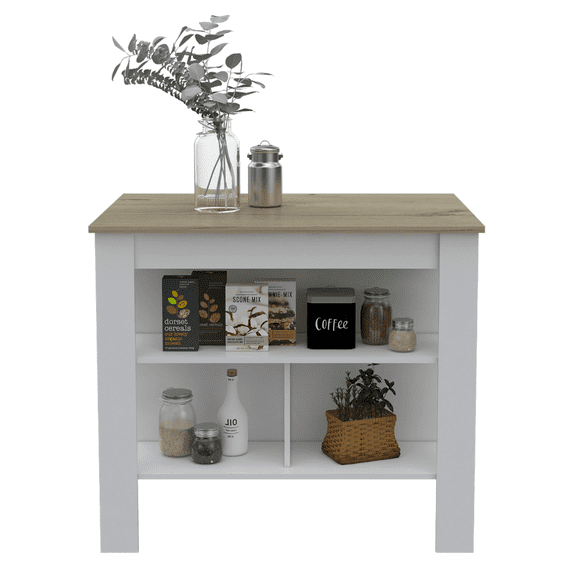 35 Inch Kitchen Island Table - White & Oak Finish with 3 Open Shelves for Storage - Modern Kitchen Organization Furniture