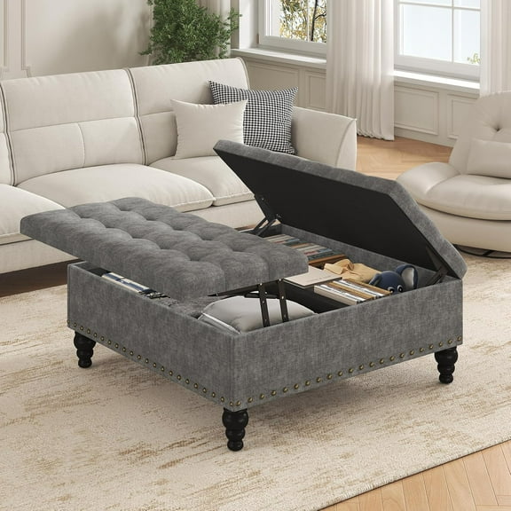 35 Inch Large Square Ottoman Coffee Table with Storage & Lift-Top, Tufted Button Upholstered Coffee Table for Living Room, Dark Gray