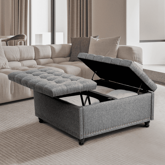 35 Inch Large Square Storage Ottoman, Storage Ottoman Coffee Table with Lift Top Linen Ottomans Bench Square Footrest Oversized Upholstered Coffee Table for Living Room Bedroom (Gray)