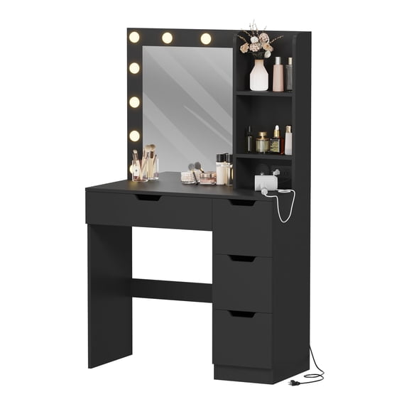 35 Inch Makeup Vanity with Mirror and Lights,Black Vanity Desk with 4 Drawers and Built-In Power Strip,3 Adjustable Lighting Colors,Dressing Table for Bedroom/Dressing Room