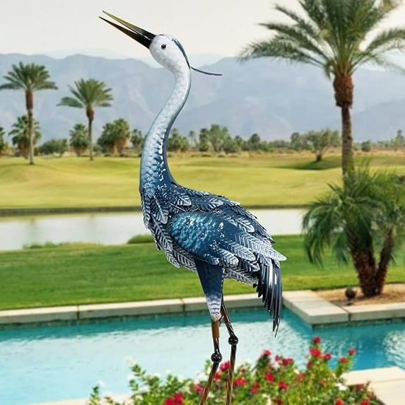 35 Inch Metal Crane Statue for Outdoor Decor, Heron Statue Yard Art, Large Garden Statue, Standing Bird Statue for Patio, Pond, and Backyard, Garden Ornaments, Blue