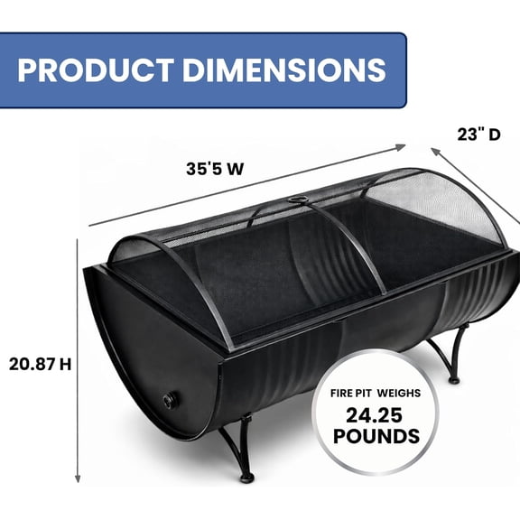 35-Inch Oval Barrel Wood Fire Pit Steel Patio Backyard Heater with Safety Spark Screen, Easy to Clean, Elevated Log Grate and PVC Cover, Black$$Garden & Patio