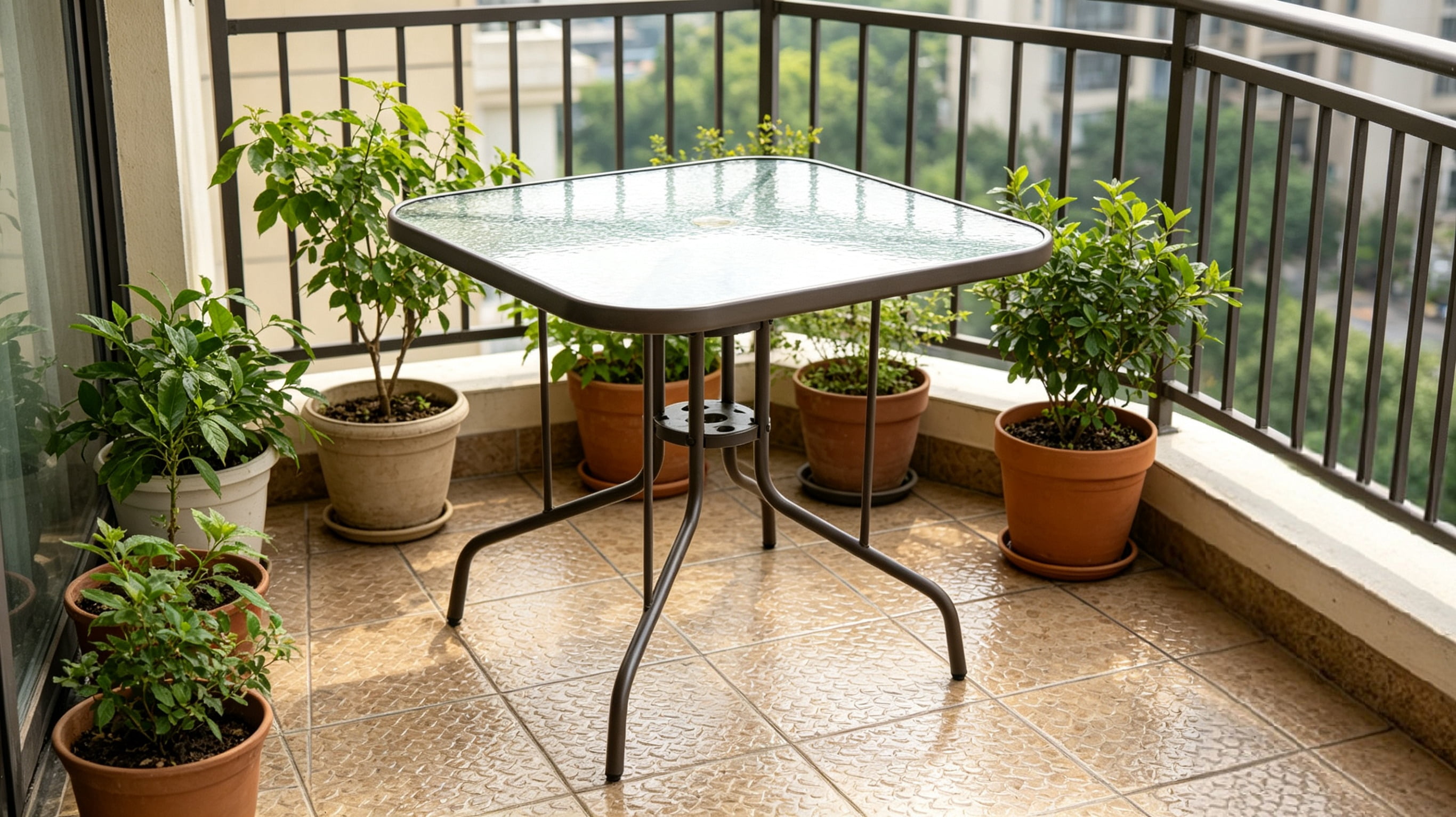 35 Inch Patio Dining Table with Tempered Glass Top, Square 4-Person Outdoor Bistro Table with 1.5" Umbrella Hole & Sturdy Metal Frame, Patio Dining Table for Backyard, Lawn, Deck & Poolside