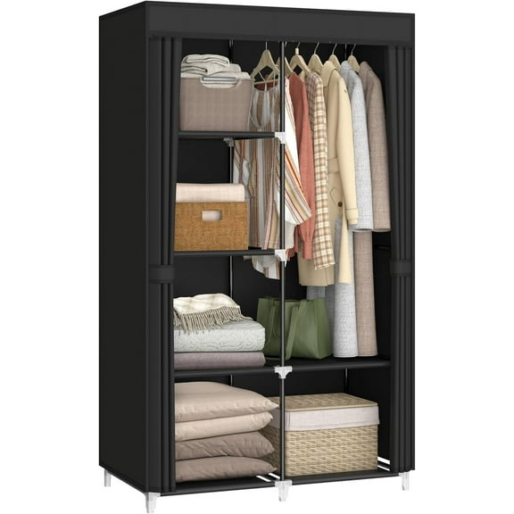 35 Inch Portable Closet for Small Room, Clothing Organizer Storage Rack with Non-Woven Fabric Cover, 1 Clothes Hanging Rod, 6 Storage Shelves, Black