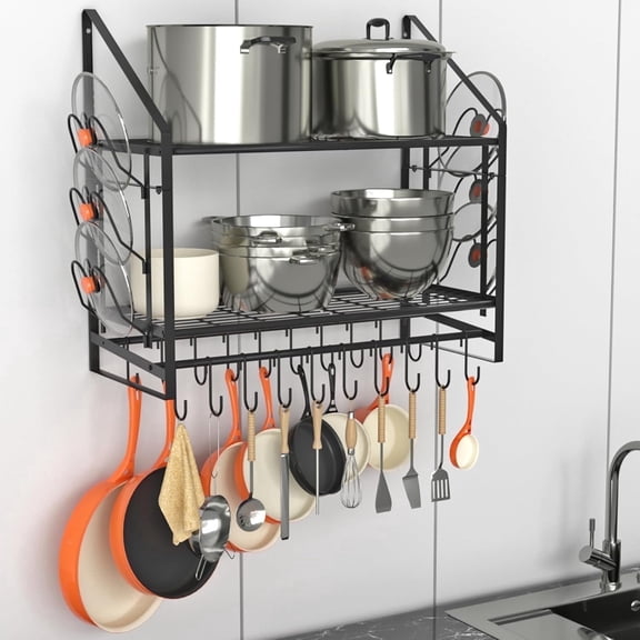 VyGrow 35in Pot Rack Wall Mounted, 2 Tiers Pots and Pans Organizer with 20 Hooks and 6 Lid Holders, Heavy Duty Steel Pot and Pan Hanger for Kitchen, Black