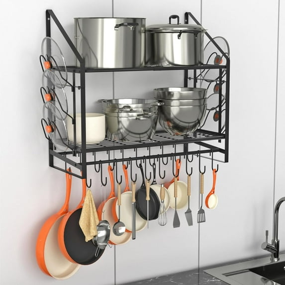 35 Inch Pot Rack Wall Mounted, 2 Tier Pots and Pans Organizer with 20 Hooks and 6 Pot Lid Holders, Heavy Duty Steel Pot and Pan Hanger for Kitchen Cookware Utensils Storage 34.7" Lx13 Wx26.4 H