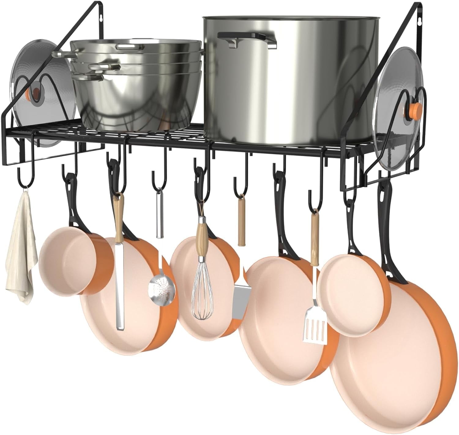 35 Inch Pot Rack Wall Mounted, Pots and Pans Organizer with 12 Hooks and 2 Pot Lid Holders, Heavy Duty Steel Pot and Pan Hanger for Kitchen Cookware Utensils Storage 34.7" Lx13 Wx12.6 H